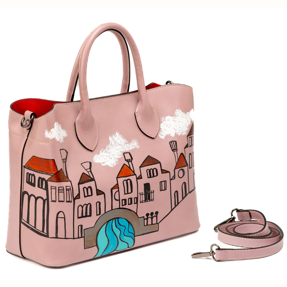 Borsa A Mano Artigianale in Vera Pelle Rosa Dipinta a Mano - Isabella Serie "Paesaggi" - Made in Italy