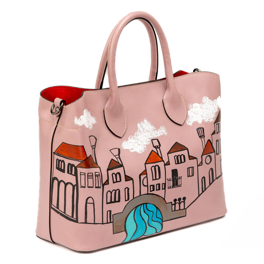 Borsa A Mano Artigianale in Vera Pelle Rosa Dipinta a Mano - Isabella Serie "Paesaggi" - Made in Italy