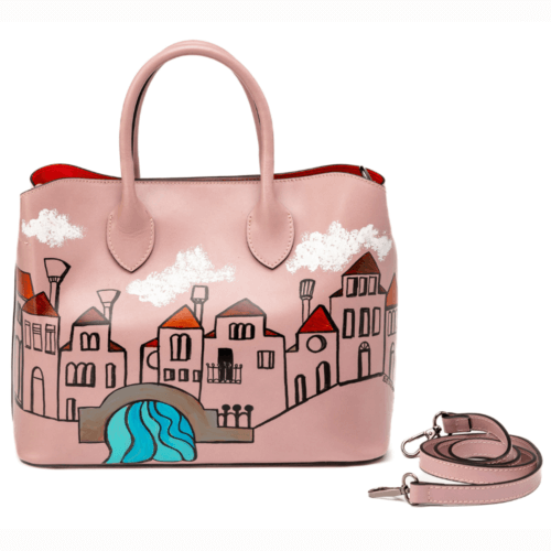 Borsa A Mano Artigianale in Vera Pelle Rosa Dipinta a Mano - Isabella Serie "Paesaggi" - Made in Italy