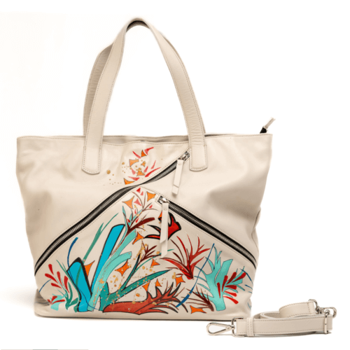 Shopping Bag Artigianale in Vera Pelle Ghiaccio Dipinta a Mano - Sera Serie "Love for Nature" - Made in Italy