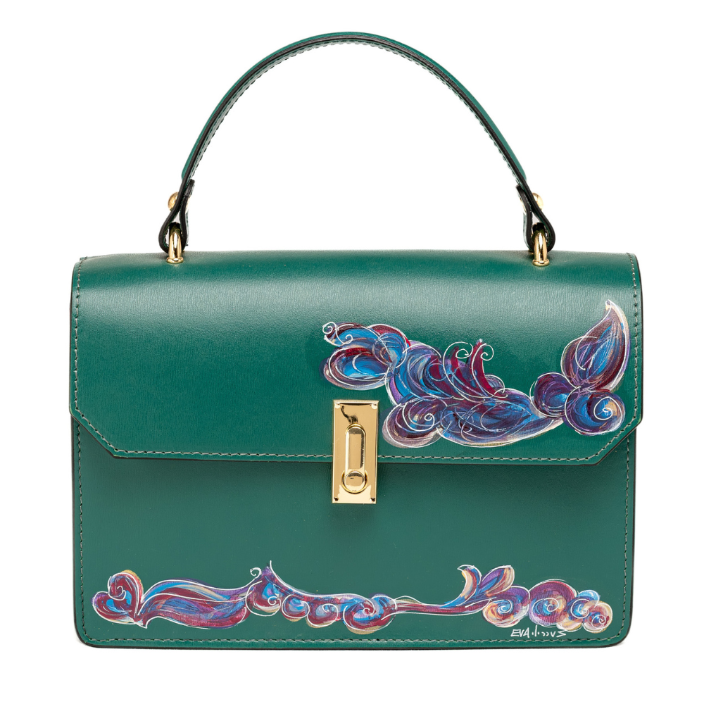 Borsa A Mano Artigianale in Vera Pelle Verde Dipinta a Mano – Ami Serie “Love for Nature” – Made in Italy